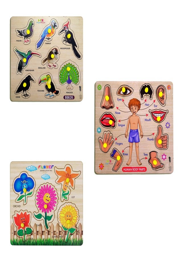 HIGHROOF® Kids Fort Pre Nursery Educational Jigsaw Puzzles for Adults Kids Learning Toys Kit Board Game 3 pcs Set of Birds Human Body Parts & Flower Educational Toy - Image 1
